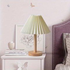 Pleated Table Lamp Solid Wood Base LED Eye Protection