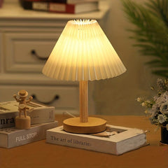 Pleated Table Lamp Solid Wood Base LED Eye Protection