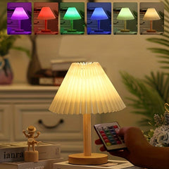 Pleated Table Lamp Solid Wood Base LED Eye Protection