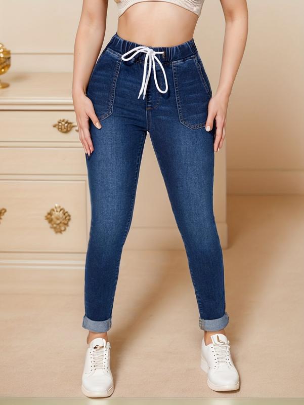 Navy Drawstring Skinny Jeans Elastic Waist Mid Stretch High Waist Tight Jeans