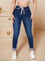 Navy Drawstring Skinny Jeans Elastic Waist Mid Stretch High Waist Tight Jeans