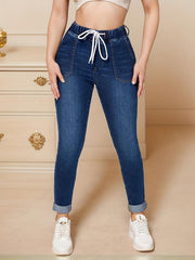 Navy Drawstring Skinny Jeans Elastic Waist Mid Stretch High Waist Tight Jeans