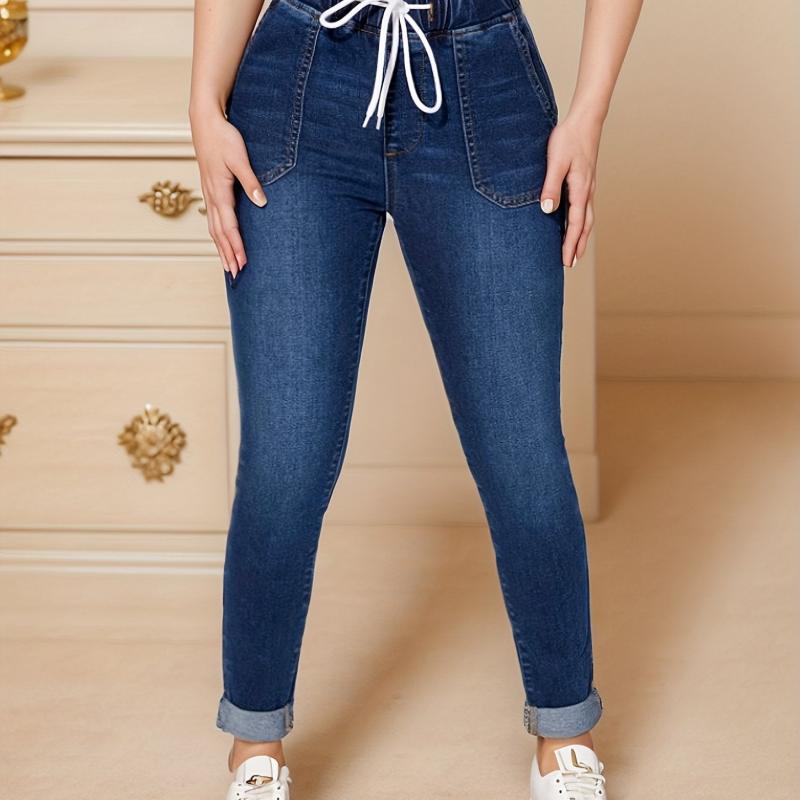 Navy Drawstring Skinny Jeans Elastic Waist Mid Stretch High Waist Tight Jeans