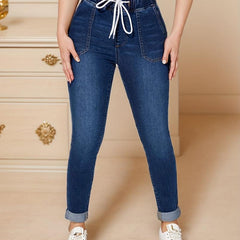 Navy Drawstring Skinny Jeans Elastic Waist Mid Stretch High Waist Tight Jeans
