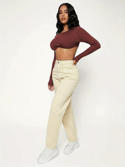 Apricot High Waist Mom Jeans Patch Pockets High Rise Loose Fit Straight Jeans