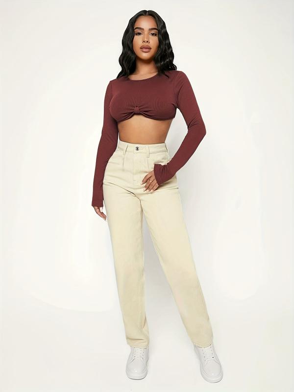 Apricot High Waist Mom Jeans Patch Pockets High Rise Loose Fit Straight Jeans