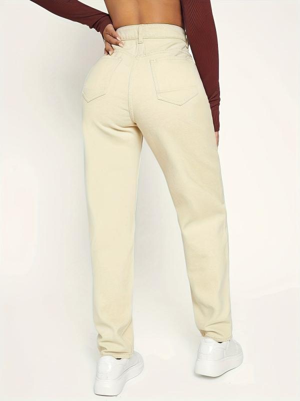 Apricot High Waist Mom Jeans Patch Pockets High Rise Loose Fit Straight Jeans