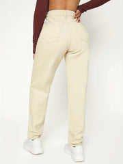 Apricot High Waist Mom Jeans Patch Pockets High Rise Loose Fit Straight Jeans