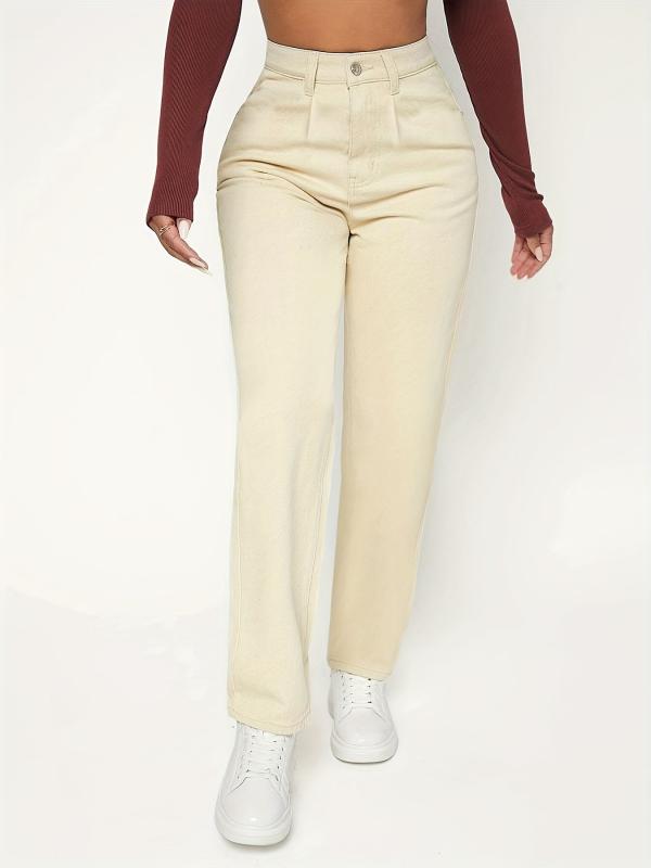 Apricot High Waist Mom Jeans Patch Pockets High Rise Loose Fit Straight Jeans