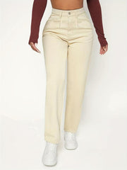Apricot High Waist Mom Jeans Patch Pockets High Rise Loose Fit Straight Jeans