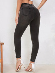 Raw Trim Waist Skinny Jeans Ripped Holes Slim Fit Mid Stretch Tight Jeans