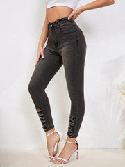Raw Trim Waist Skinny Jeans Ripped Holes Slim Fit Mid Stretch Tight Jeans