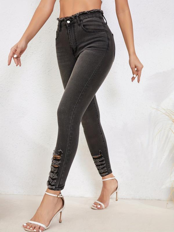 Raw Trim Waist Skinny Jeans Ripped Holes Slim Fit Mid Stretch Tight Jeans