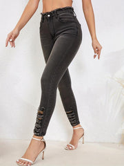 Raw Trim Waist Skinny Jeans Ripped Holes Slim Fit Mid Stretch Tight Jeans
