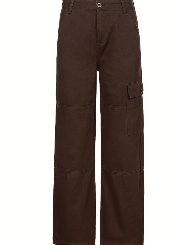 Dark Brown Cargo Pants Flap Pockets Loose Fit Non Stretch Straight Legs