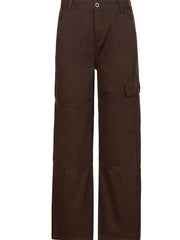 Dark Brown Cargo Pants Flap Pockets Loose Fit Non Stretch Straight Legs