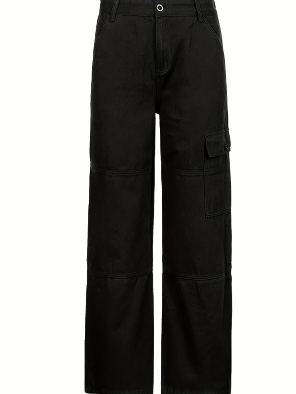 Dark Brown Cargo Pants Flap Pockets Loose Fit Non Stretch Straight Legs