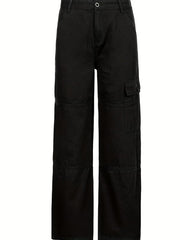 Dark Brown Cargo Pants Flap Pockets Loose Fit Non Stretch Straight Legs