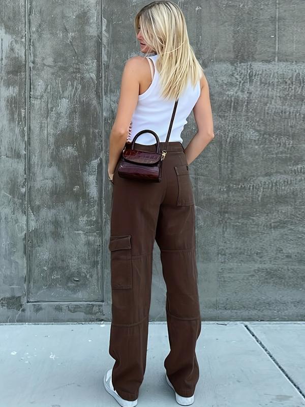 Dark Brown Cargo Pants Flap Pockets Loose Fit Non Stretch Straight Legs