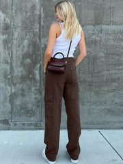 Dark Brown Cargo Pants Flap Pockets Loose Fit Non Stretch Straight Legs