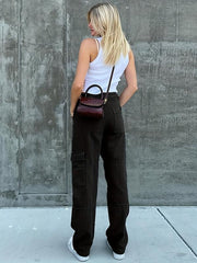 Dark Brown Cargo Pants Flap Pockets Loose Fit Non Stretch Straight Legs