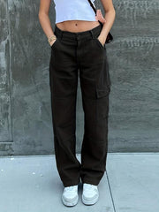 Dark Brown Cargo Pants Flap Pockets Loose Fit Non Stretch Straight Legs