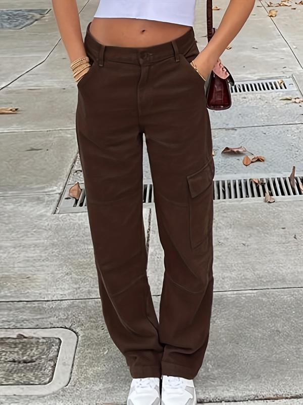 Dark Brown Cargo Pants Flap Pockets Loose Fit Non Stretch Straight Legs