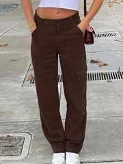 Dark Brown Cargo Pants Flap Pockets Loose Fit Non Stretch Straight Legs