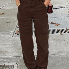 Dark Brown Cargo Pants Flap Pockets Loose Fit Non Stretch Straight Legs