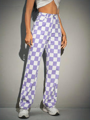 Purple Checkerboard Straight Jeans Loose Fit Non Stretch Wide Legs Jeans