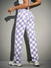 Purple Checkerboard Straight Jeans Loose Fit Non Stretch Wide Legs Jeans