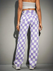 Purple Checkerboard Straight Jeans Loose Fit Non Stretch Wide Legs Jeans