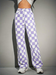 Purple Checkerboard Straight Jeans Loose Fit Non Stretch Wide Legs Jeans