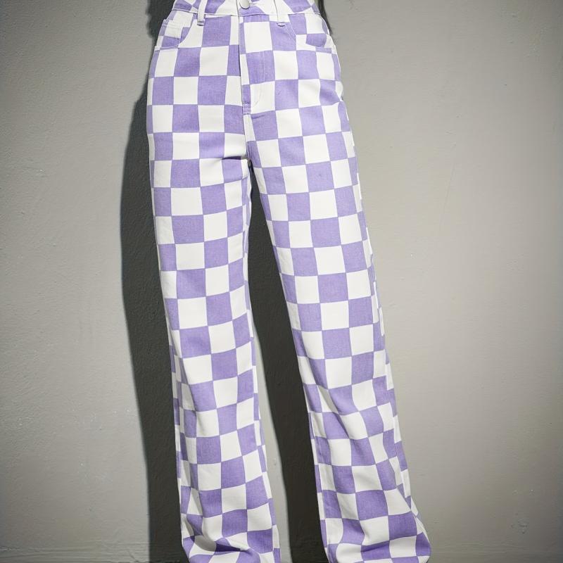 Purple Checkerboard Straight Jeans Loose Fit Non Stretch Wide Legs Jeans