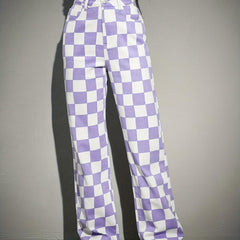 Purple Checkerboard Straight Jeans Loose Fit Non Stretch Wide Legs Jeans