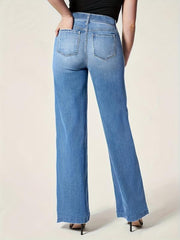 Elastic Waist Wide Leg Jeans Mid Stretch Loose Fit