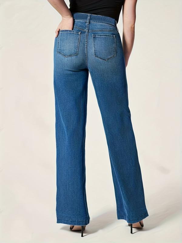 Elastic Waist Wide Leg Jeans Mid Stretch Loose Fit
