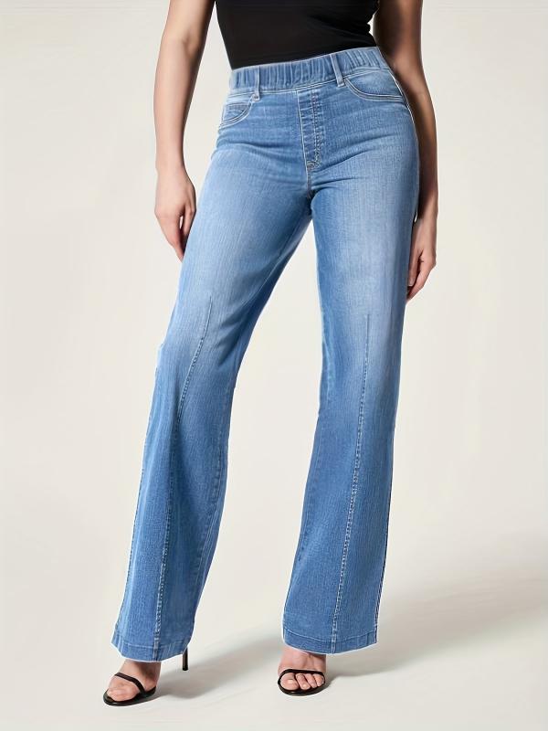 Elastic Waist Wide Leg Jeans Mid Stretch Loose Fit