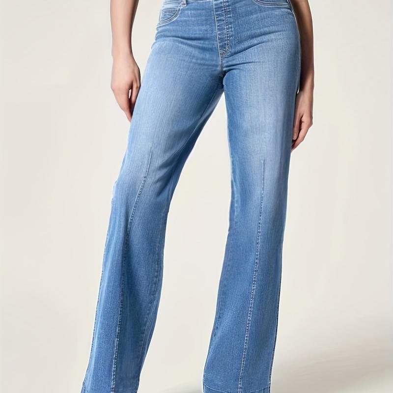 Elastic Waist Wide Leg Jeans Mid Stretch Loose Fit