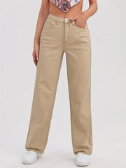 Khaki High Waist Straight Jeans Loose Fit Non Stretch Denim Trousers