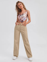 Khaki High Waist Straight Jeans Loose Fit Non Stretch Denim Trousers