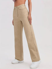 Khaki High Waist Straight Jeans Loose Fit Non Stretch Denim Trousers