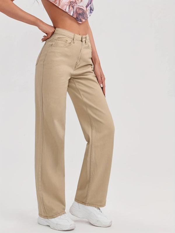 Khaki High Waist Straight Jeans Loose Fit Non Stretch Denim Trousers