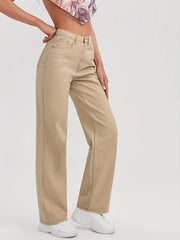 Khaki High Waist Straight Jeans Loose Fit Non Stretch Denim Trousers
