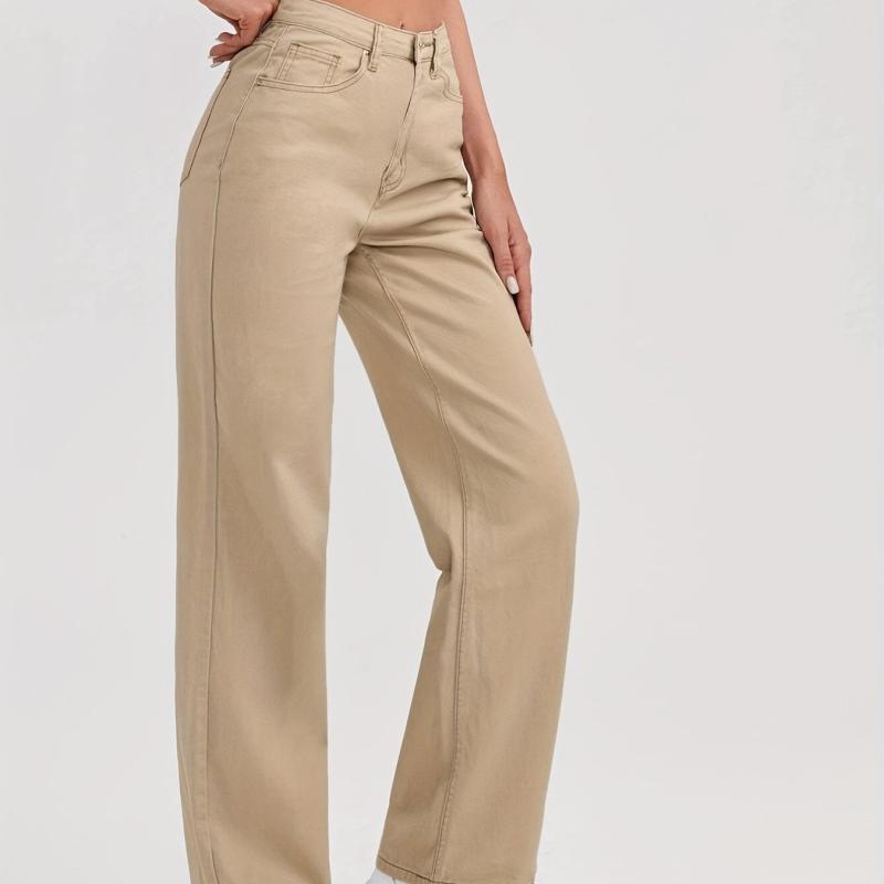 Khaki High Waist Straight Jeans Loose Fit Non Stretch Denim Trousers