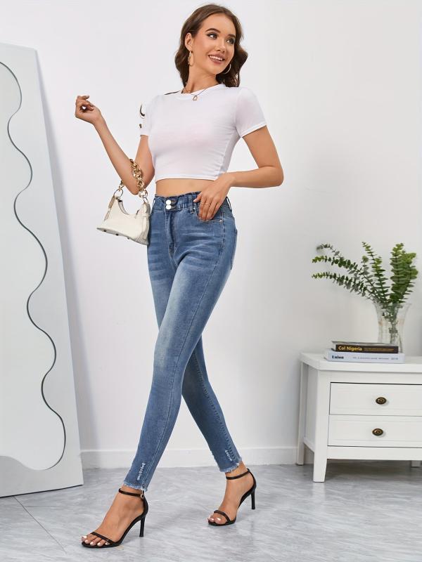 Frayed Trim High Stretch Denim Pants
