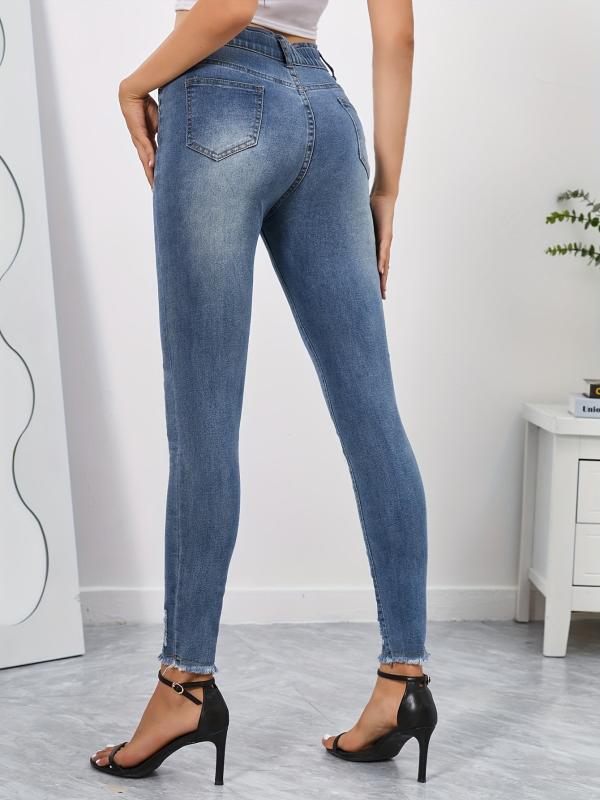 Frayed Trim High Stretch Denim Pants