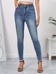 Frayed Trim High Stretch Denim Pants