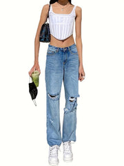 High Waist Distressed Loose Fit Jeans for Women