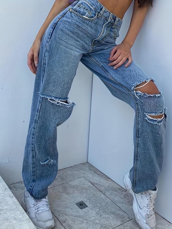 High Waist Distressed Loose Fit Jeans for Women